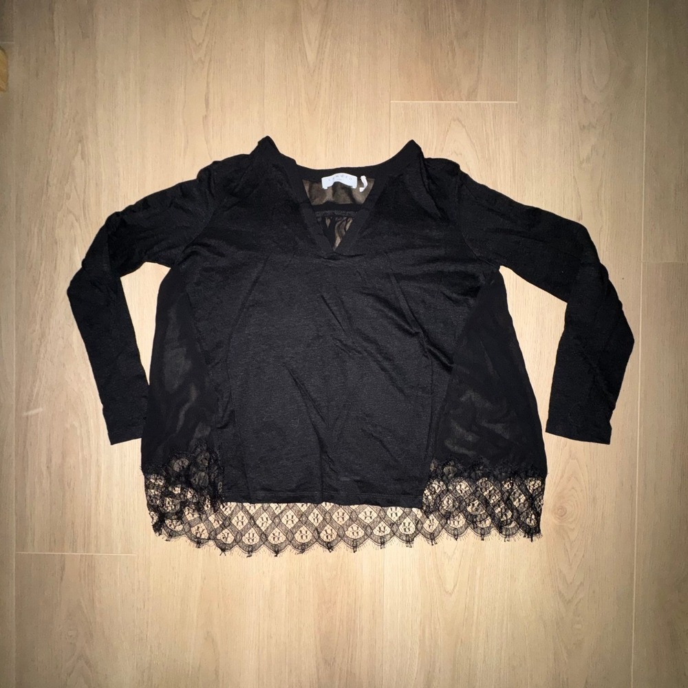 Sandro‎ Paris Black Silk Lace Panel Long Sleeve Blouse